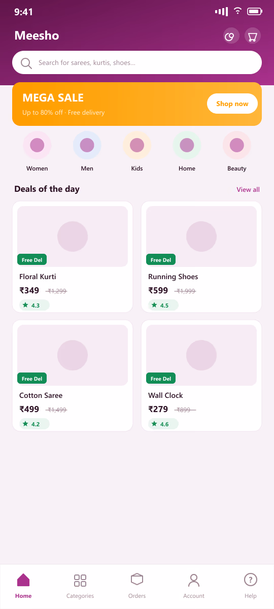 Meesho-style Marketplace screenshot
