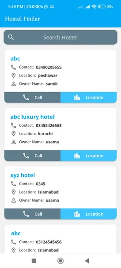 Hostel Finder — actual app interface